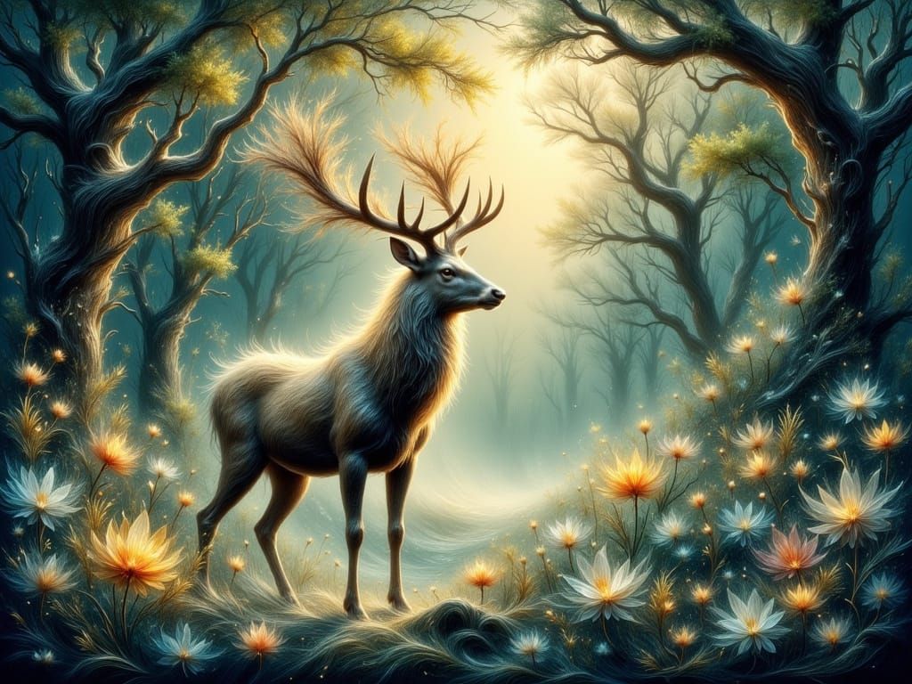 Ethereal Stag in Dreamlike Forest Clearing