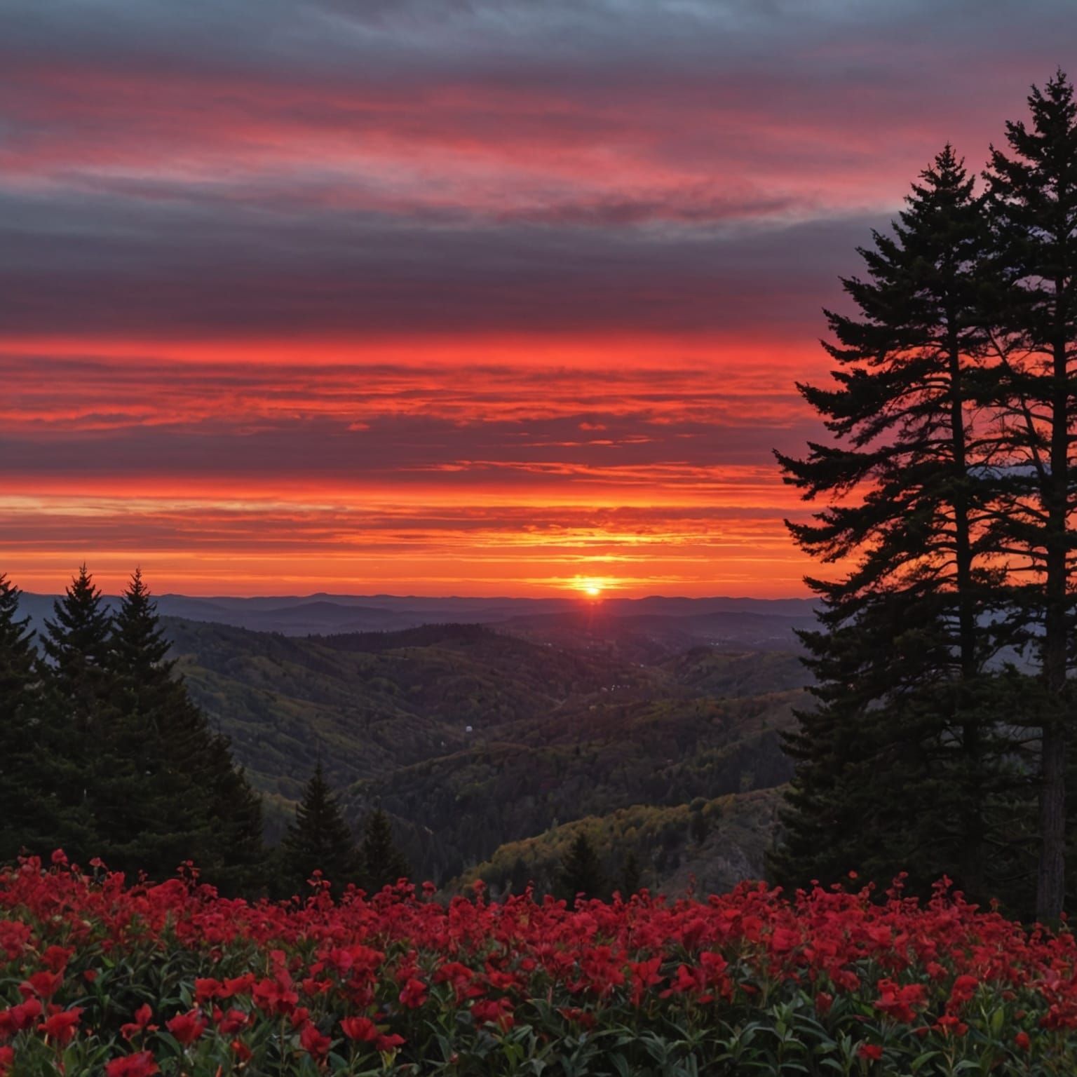Vibrant Ruby Sunset in Watercolor Style