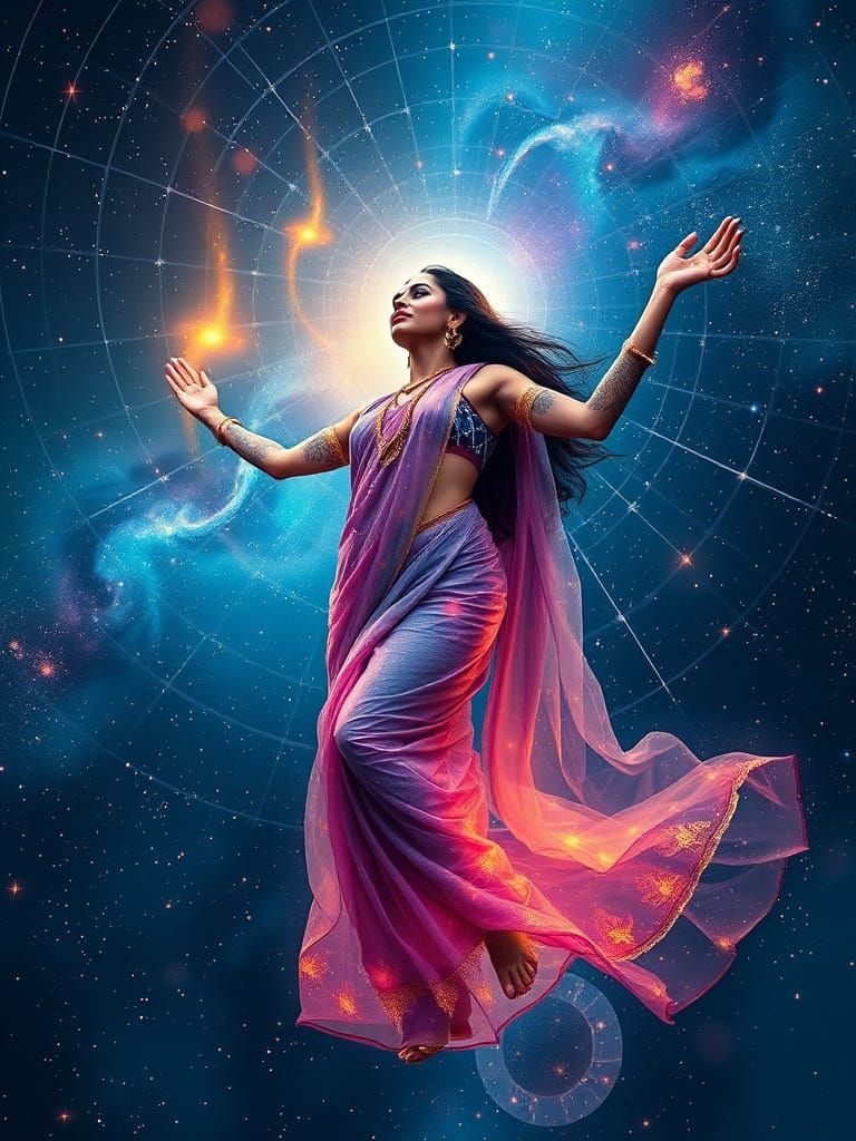 Dancing through stars, she becomes the cosmos