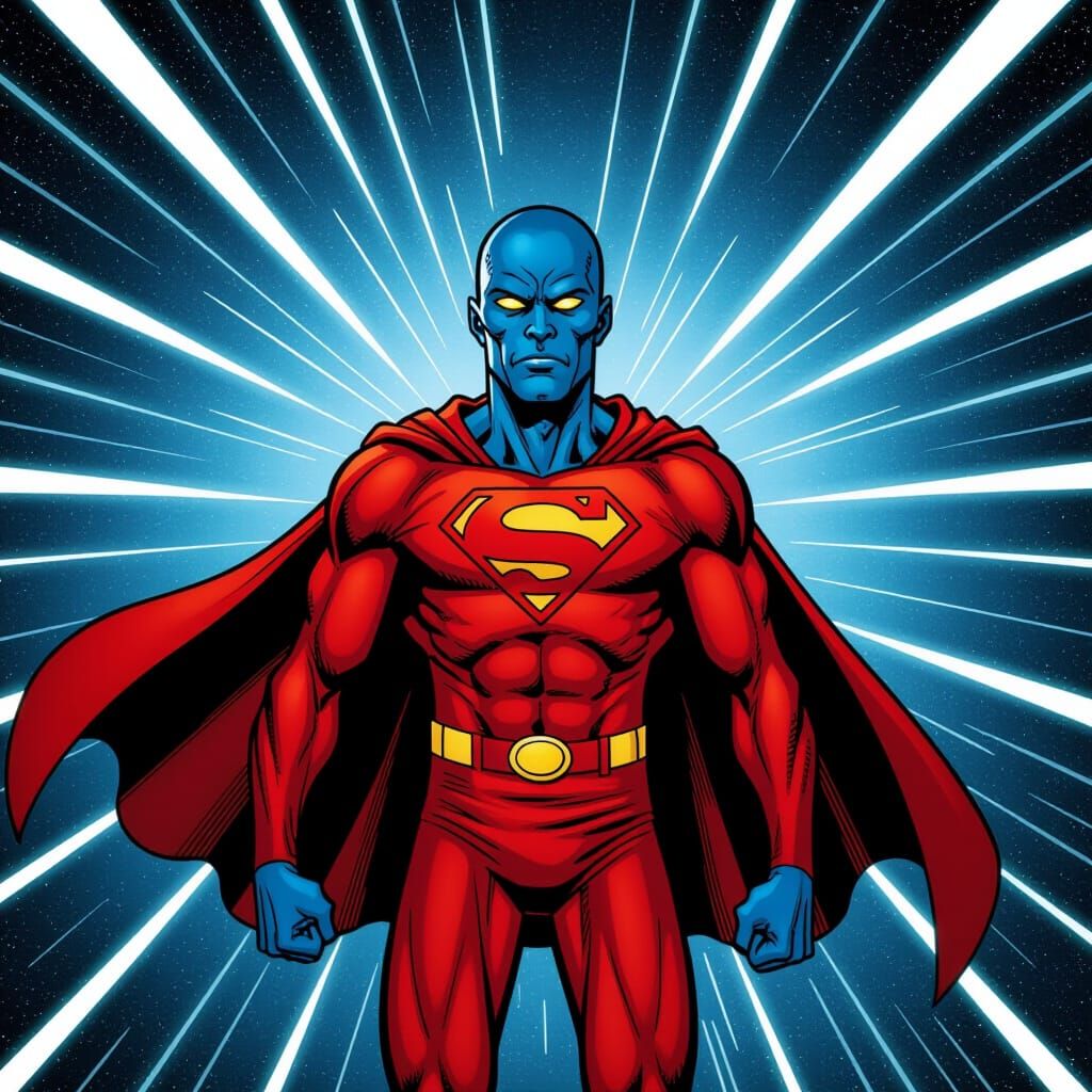 Alien Man in Red Jumpsuit Bathed in Light