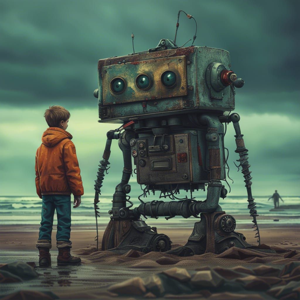 Boys and Robot on Shore, Digital Art