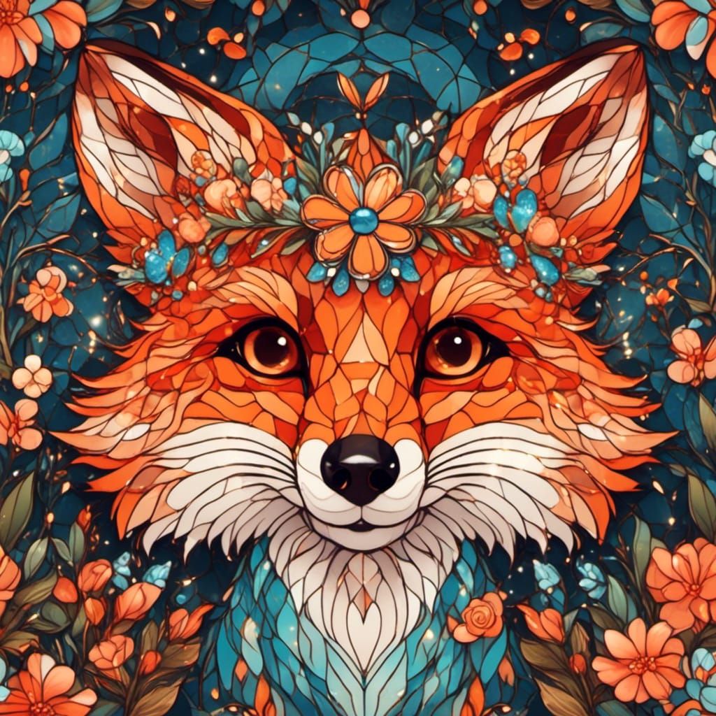 <lora:Kyoot:1.0> Stained glass, a cute fox with a flower on ...