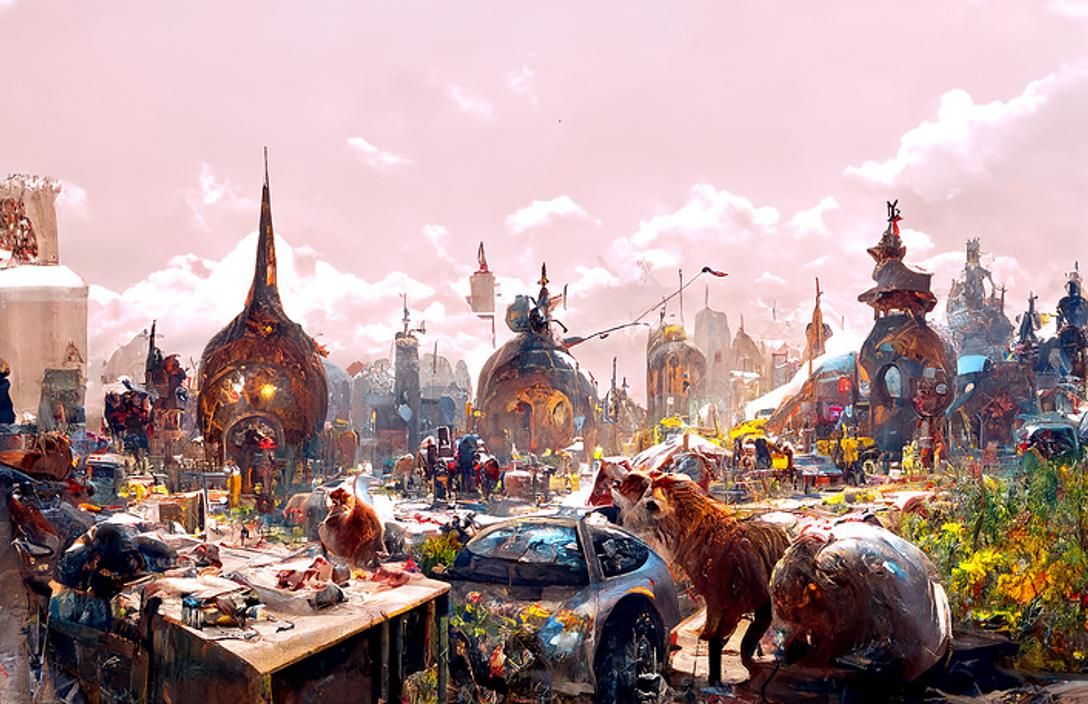Anthropomorphic Animal City Market: Expressionist Painting