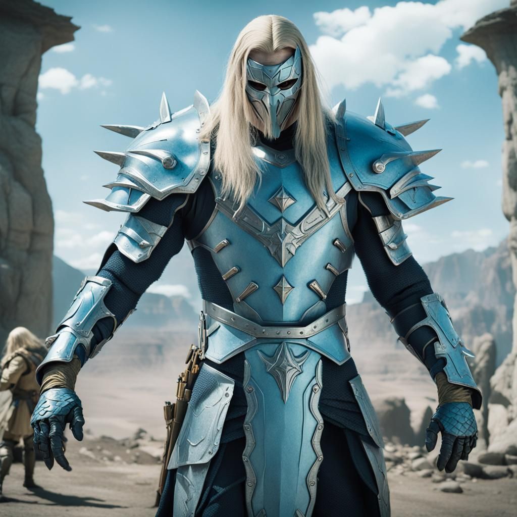 Warrior Villain in Pale Blue Armor, Comics Style