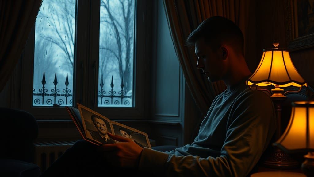 Man Mourning in Dimly Lit Room with Rain