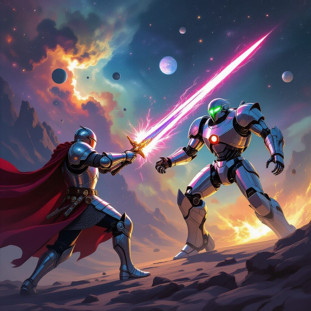 Knight Battles Robot in Cosmic Nebula: Matte Painting Style