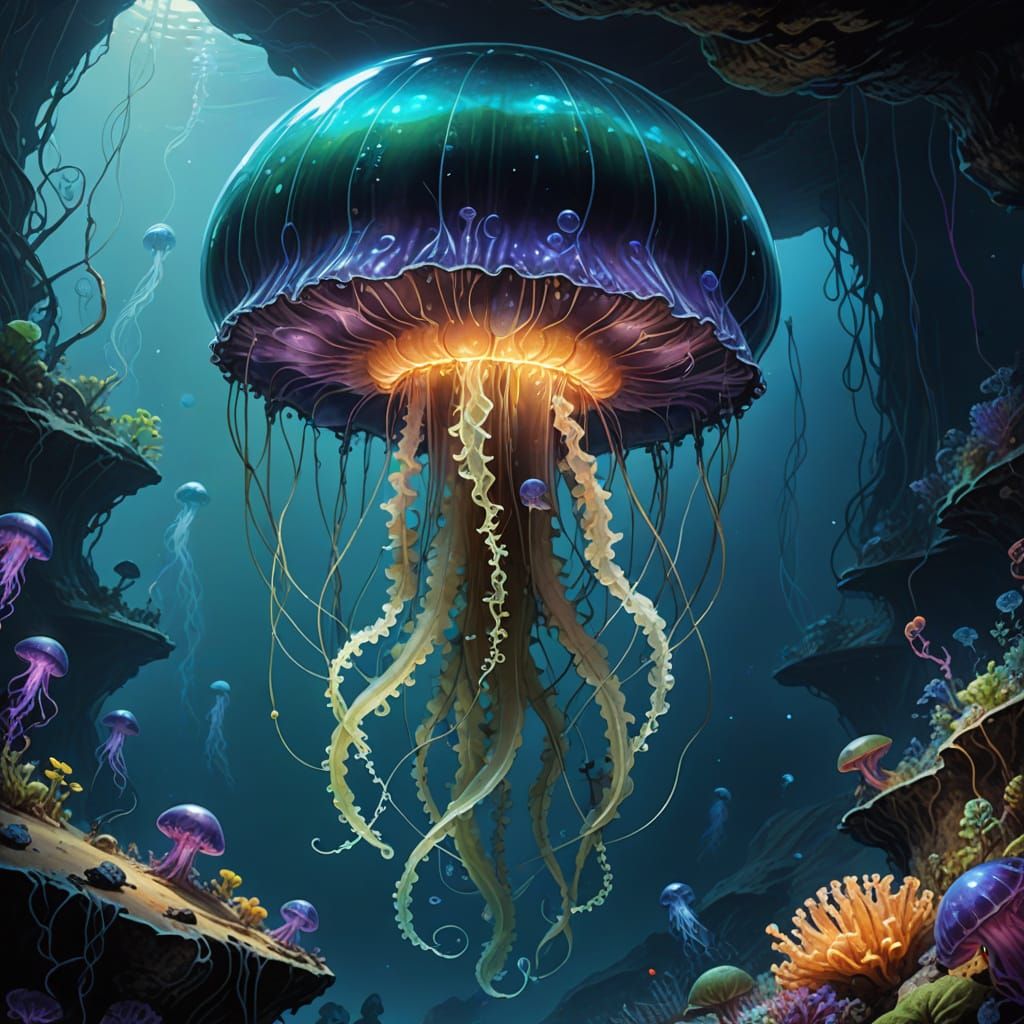 Bioluminescent Jellyfish in Deep-Sea Trench Fantasy Art