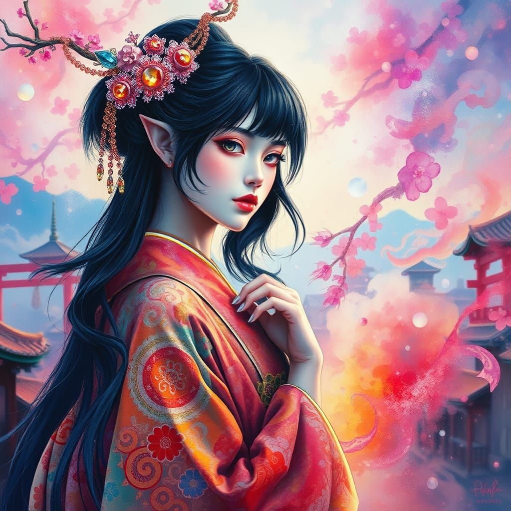 Ethereal Elf Geisha in Dreamscape: A Digital Masterpiece
