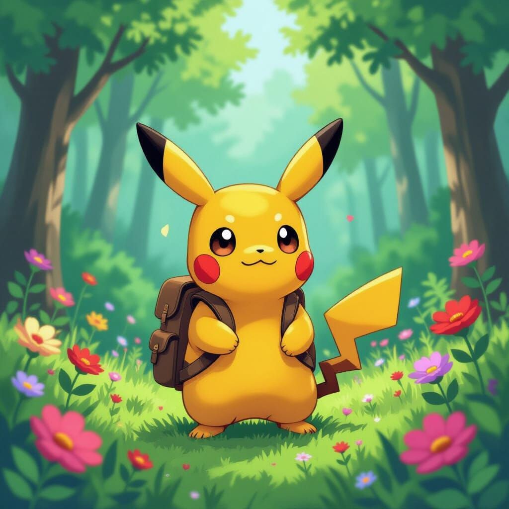 Pokemon with Backpack in Lush Forest, Digital Illustration