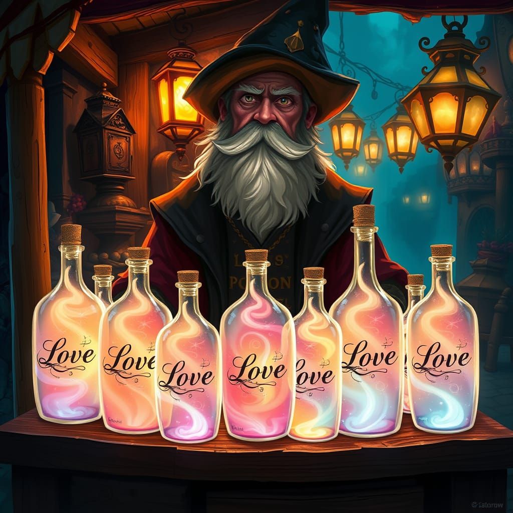 Mystical Potion Merchant Selling Love Potions in Fantasy Mar...