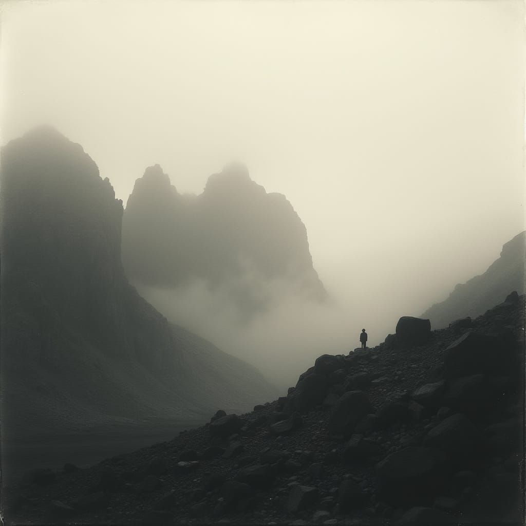 Monochromatic Mountain Landscape in Moody Film Style