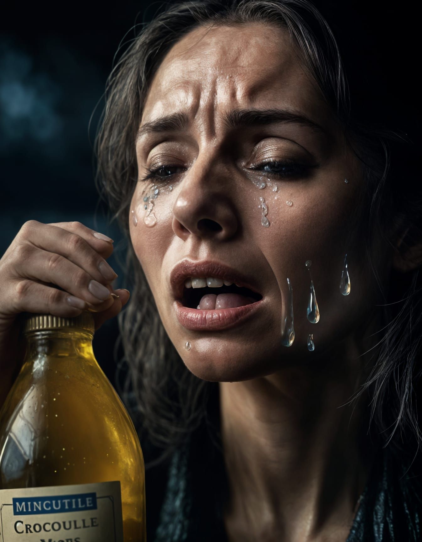 Crying Woman Advertisement Portrait in Triadic Colors