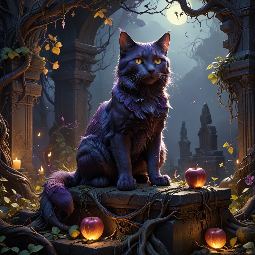 Regal Cat Sits Amidst Dark Fantasy Altar in Art Nouveau Styl...