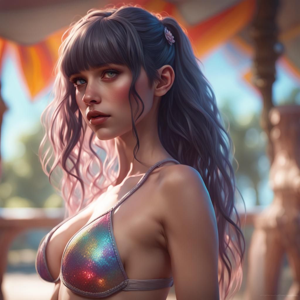 Detailed Portrait of Woman in Bikini, Splash Art Style