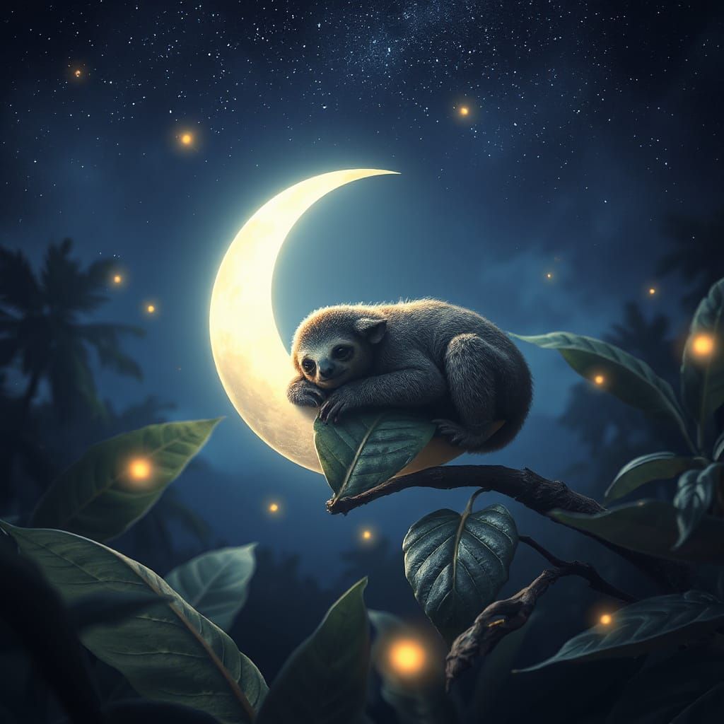 Gentle Sloth on Moonlit Crescent in Starry Rainforest