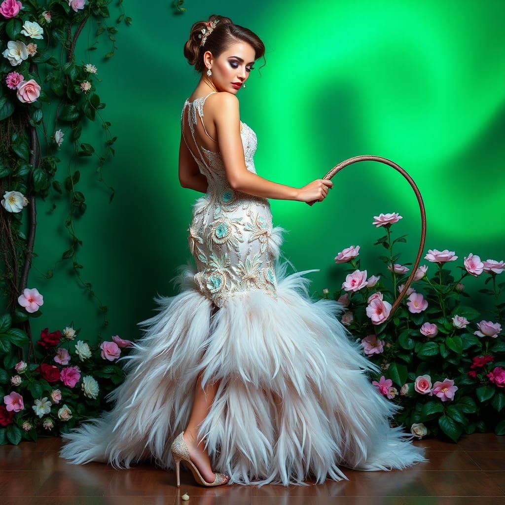 Woman in Beaded Gown with Ornate Whip