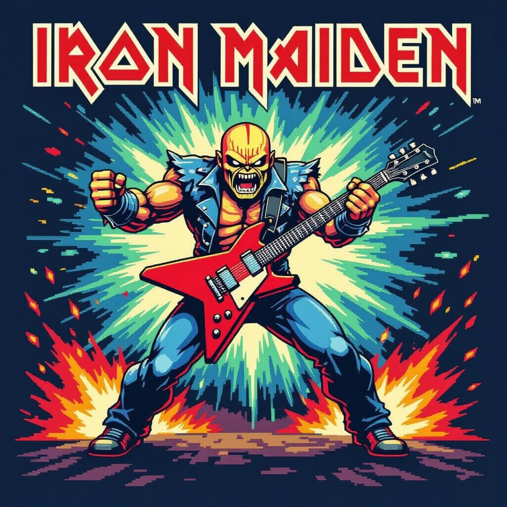 Pixel Art Eddie The Head Unleashing Energy in 16-Bit Style