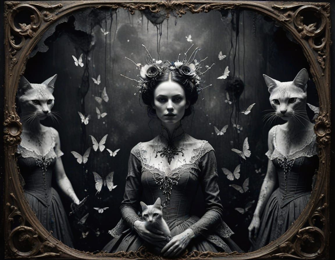 Surreal Gathering of Enigmatic Girls and Staring Cats in a V...