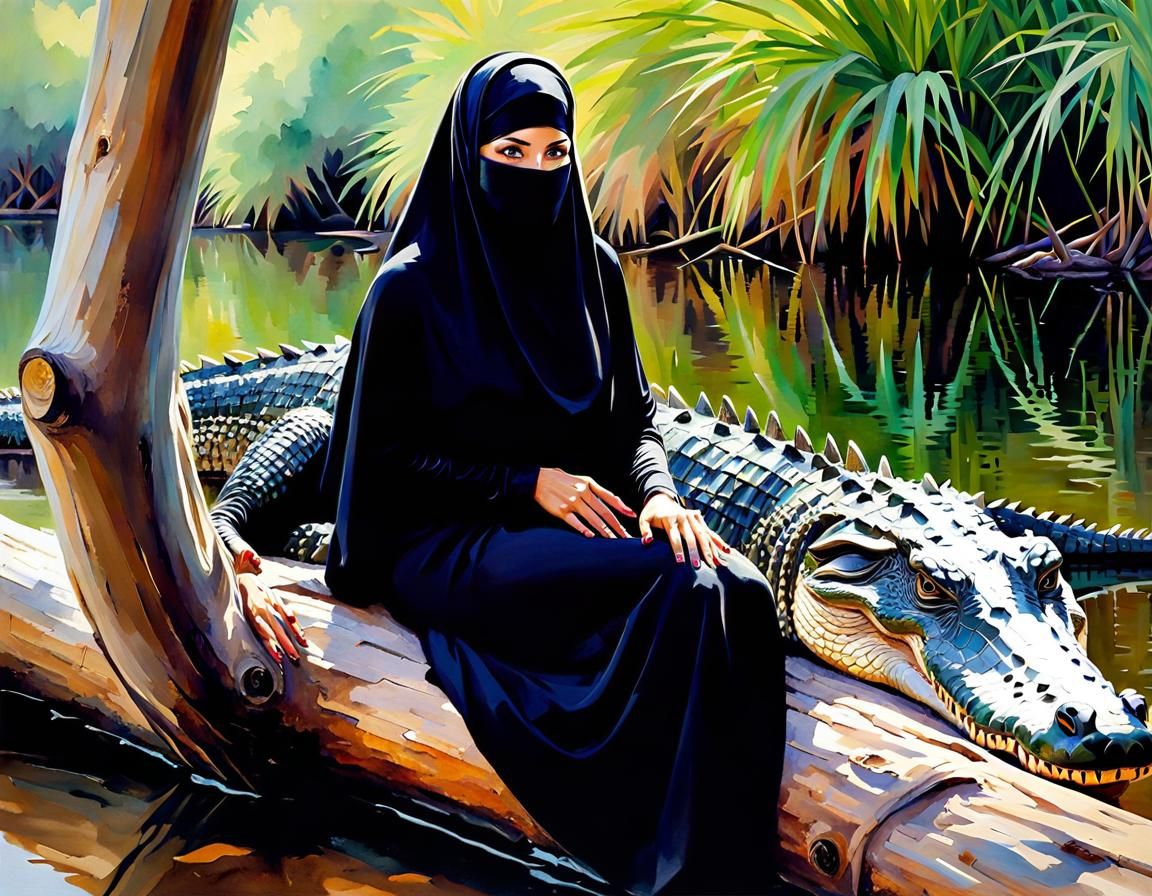 Woman Meets Crocodile in Watercolor Painting
