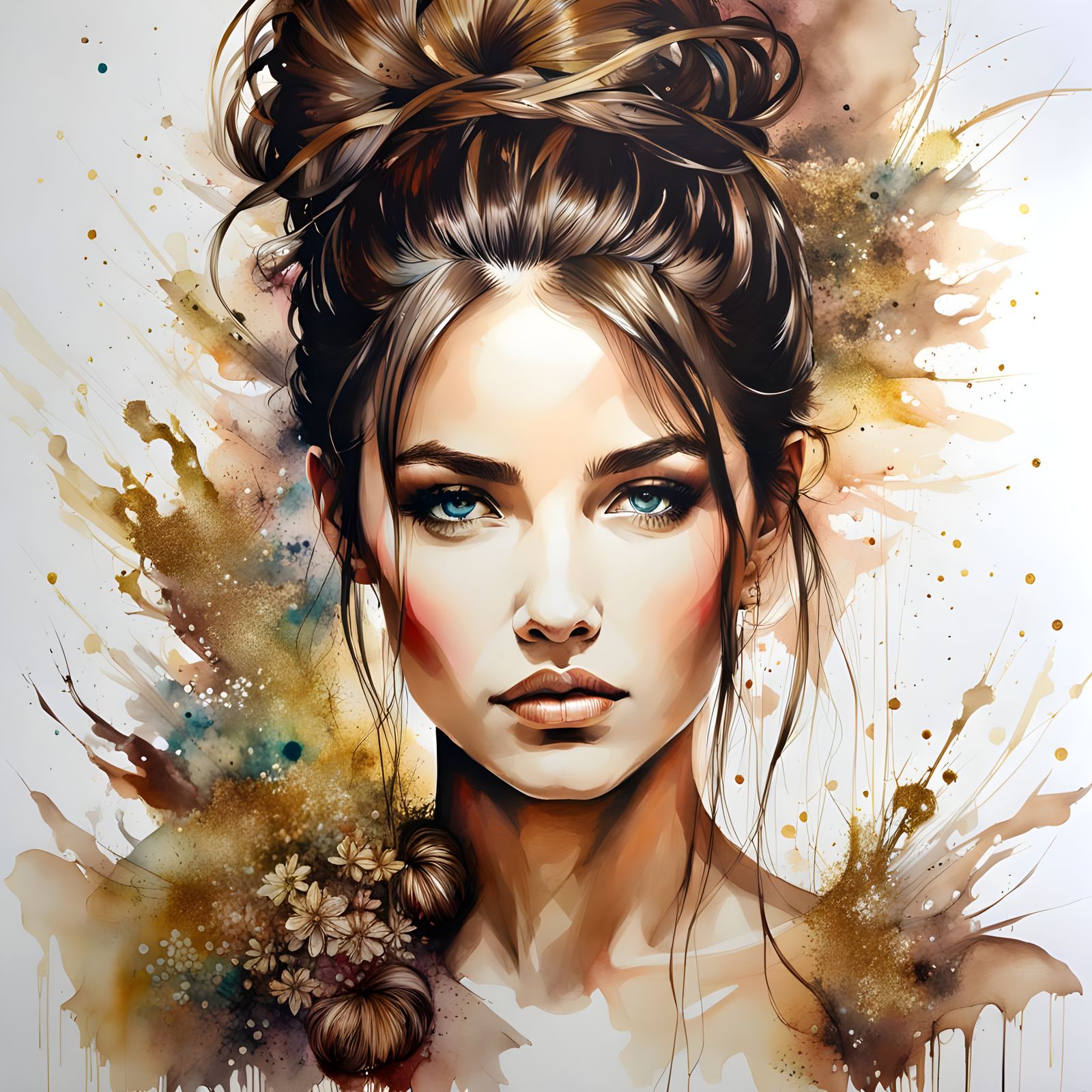 Portrait of a Brown-Haired Woman in Alcohol Ink Style