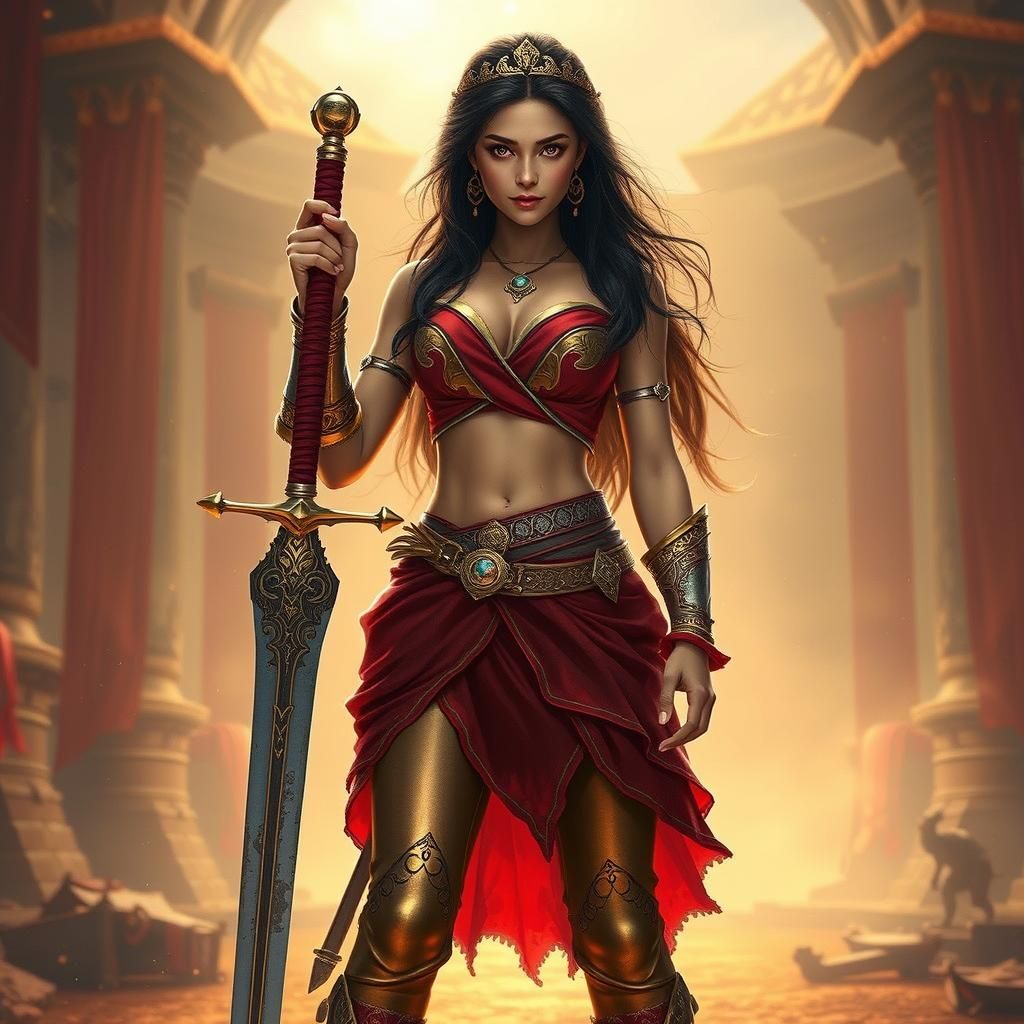 Warrior Princess in Red and Gold Armor