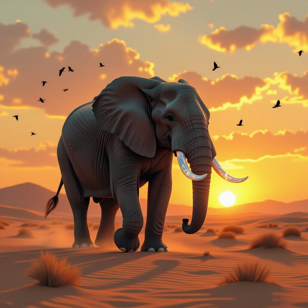 Crystal Elephant Sunset: Surreal Desert Dreamscape
