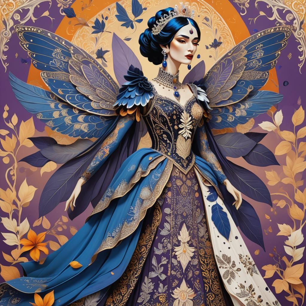 Ornate Winged Queen in Surreal Art Nouveau Style