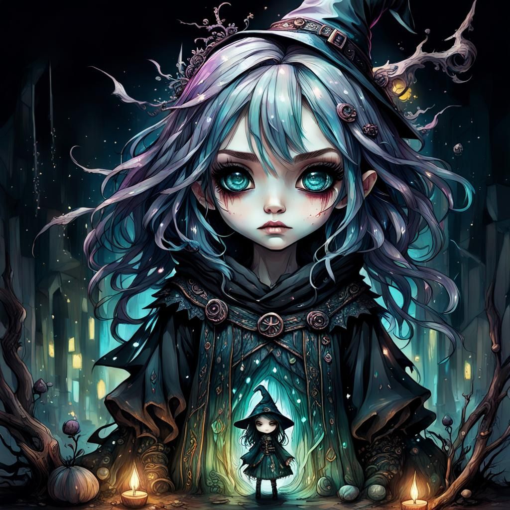 Chibi Gothic Witch Girl in Sketch Illustration Style