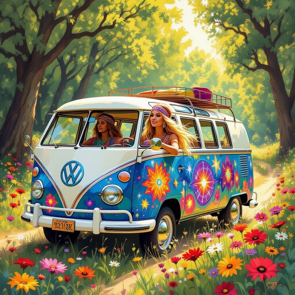 Cosmic Hippie Van Driven Through Wildflower Meadow