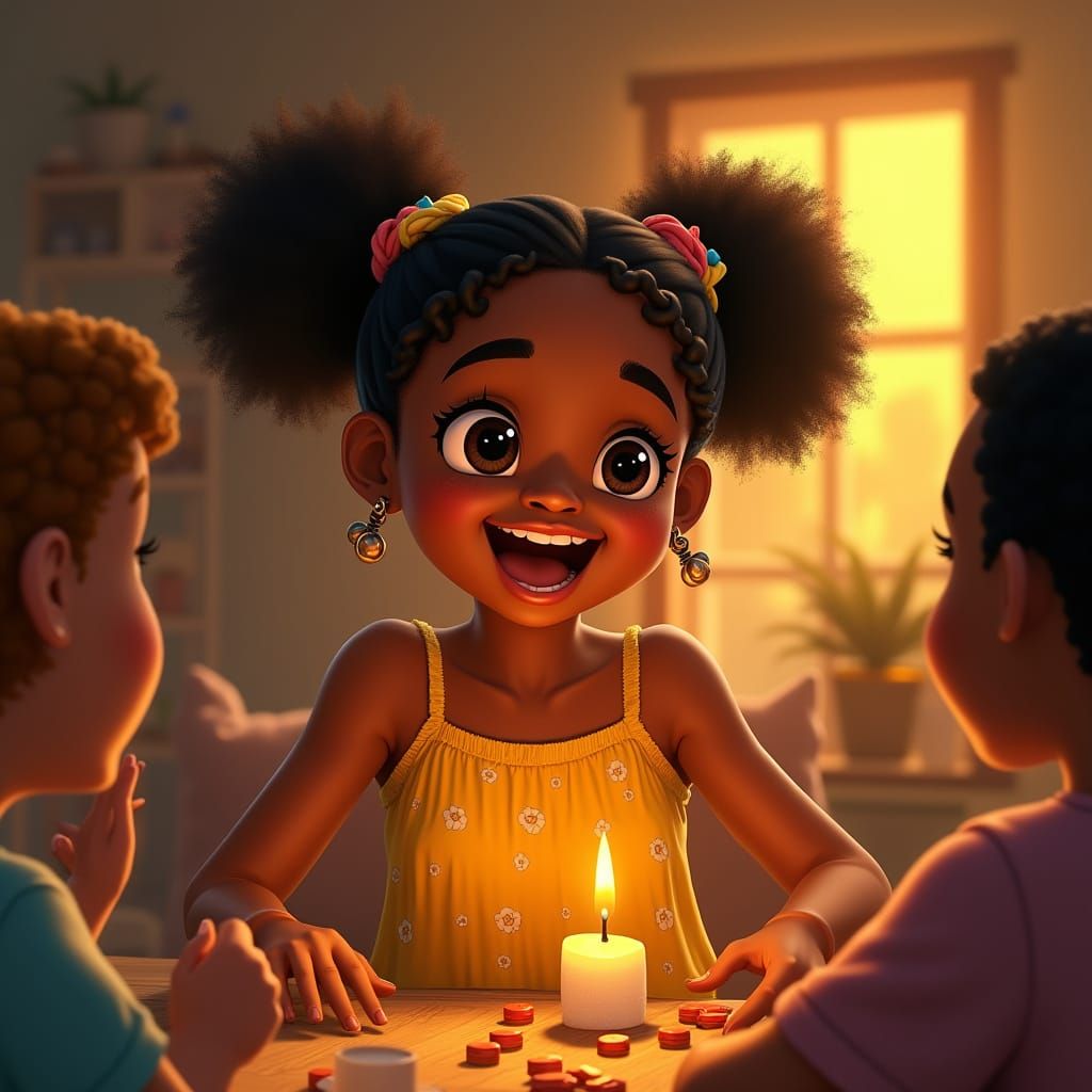 Joyful Black Teen Girl Shines in Cozy Family Game Night