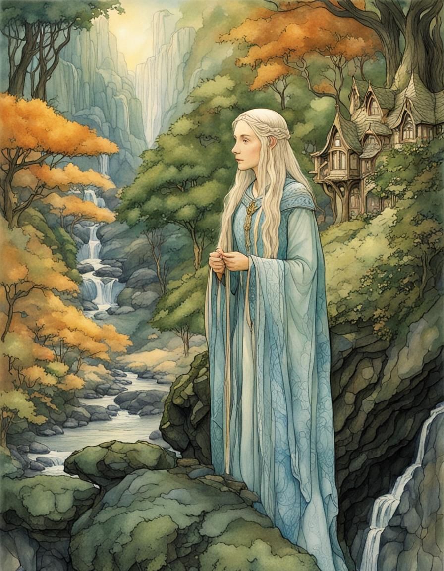 Galadriel Overlooks Rivendell in Alcohol Ink Style
