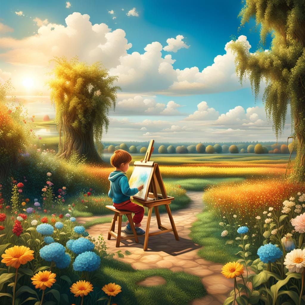 Child Painting in a Whimsical Fantasy Garden