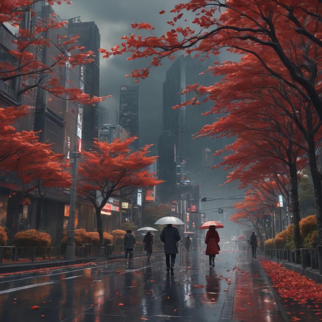 Hyperrealistic Tokyo Cityscape in Autumn Rain