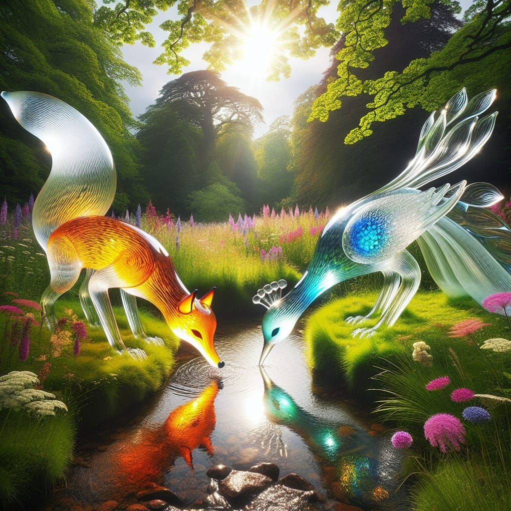 Glass Fox and Peacock Drinking by Stream