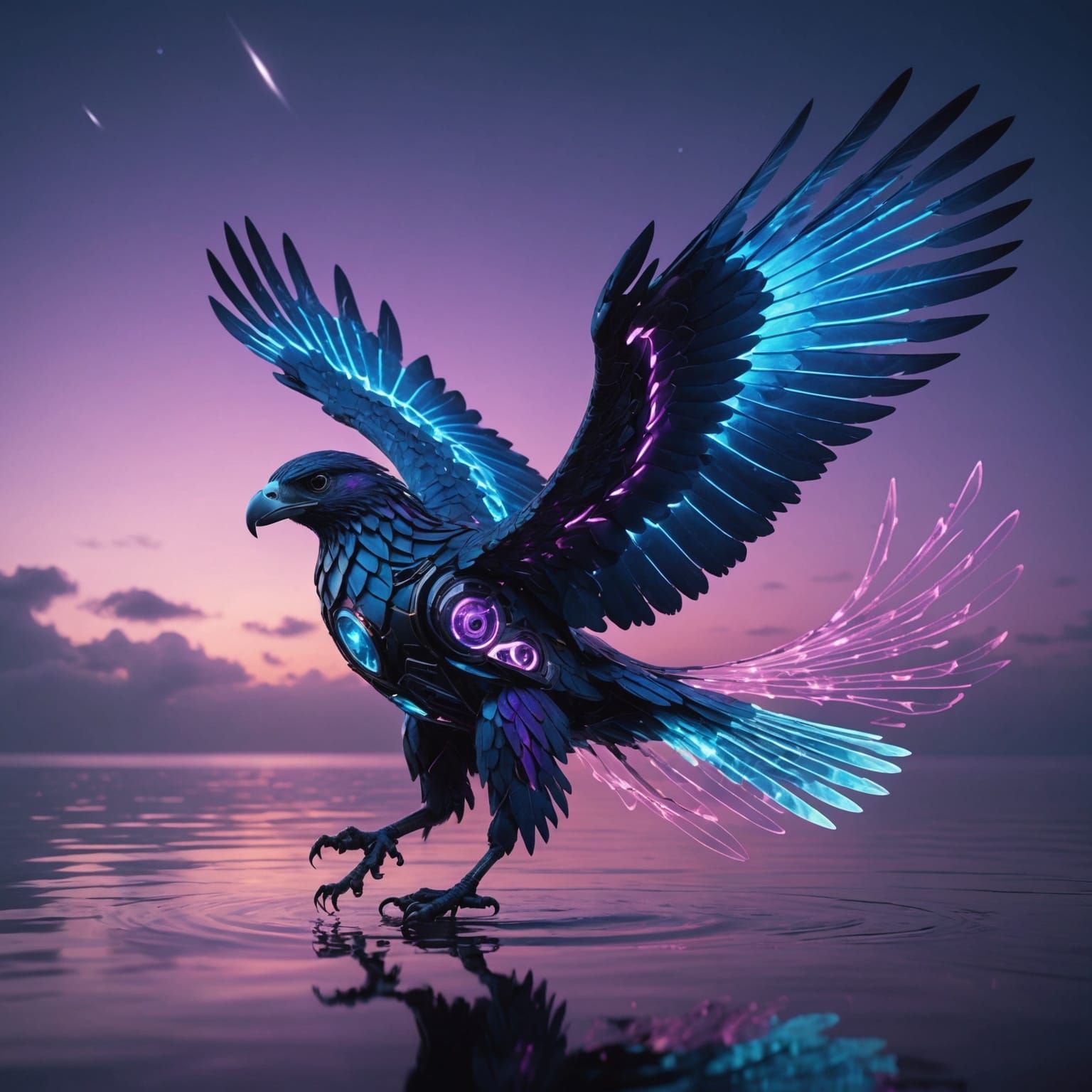 Ethereal Mechanical Falcon Walking on Water