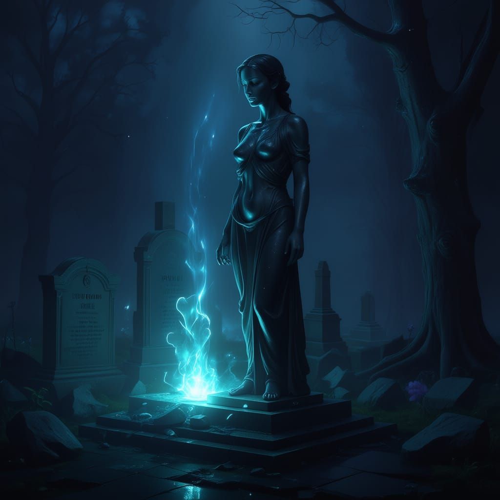 Cyberpunk Surrealism: Statue and Plaque in Neon Fog