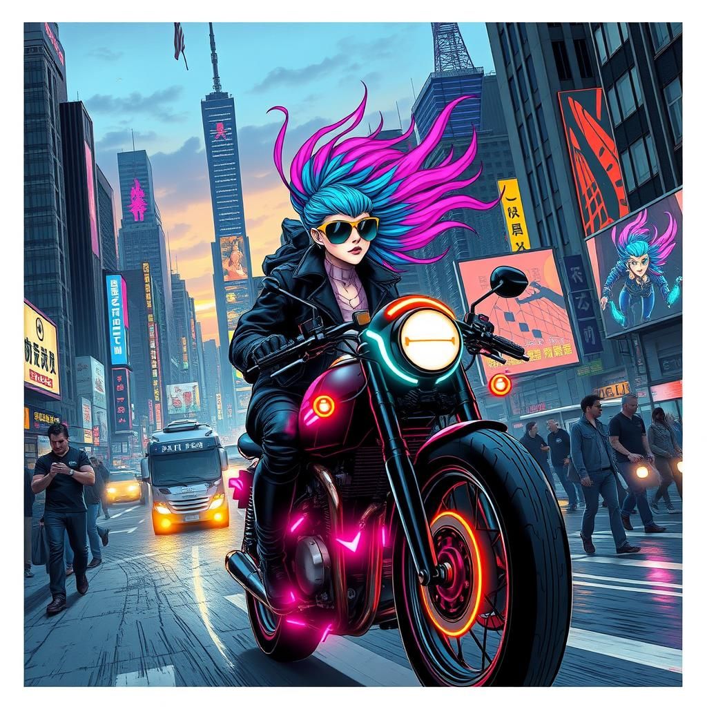 Cicada with long colorful hair drive motorcycle in cyberpunk...