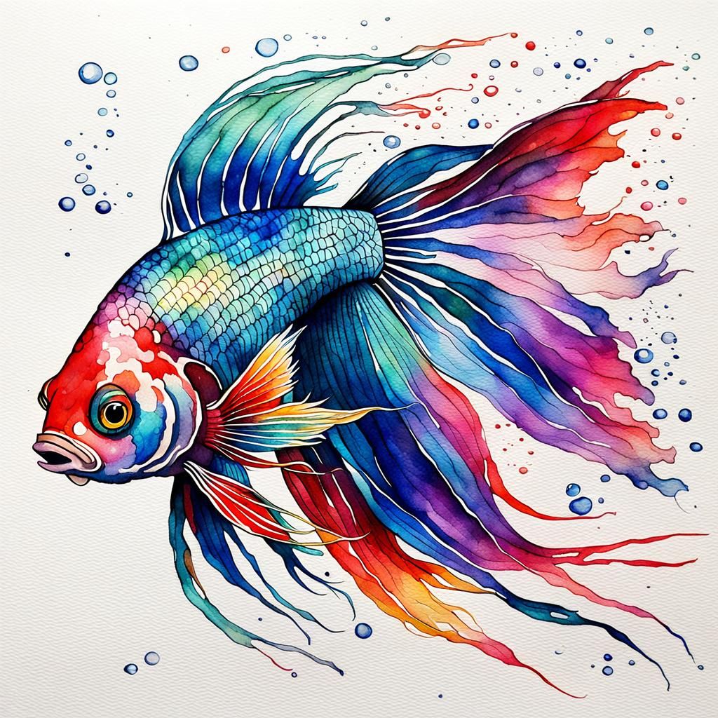 Iridescent Japanese Fighting Fish Watercolor Painting
