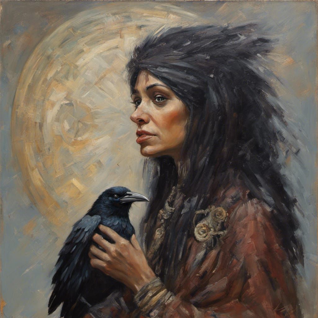 Raven Wise Woman in Starlight, Oil Painting