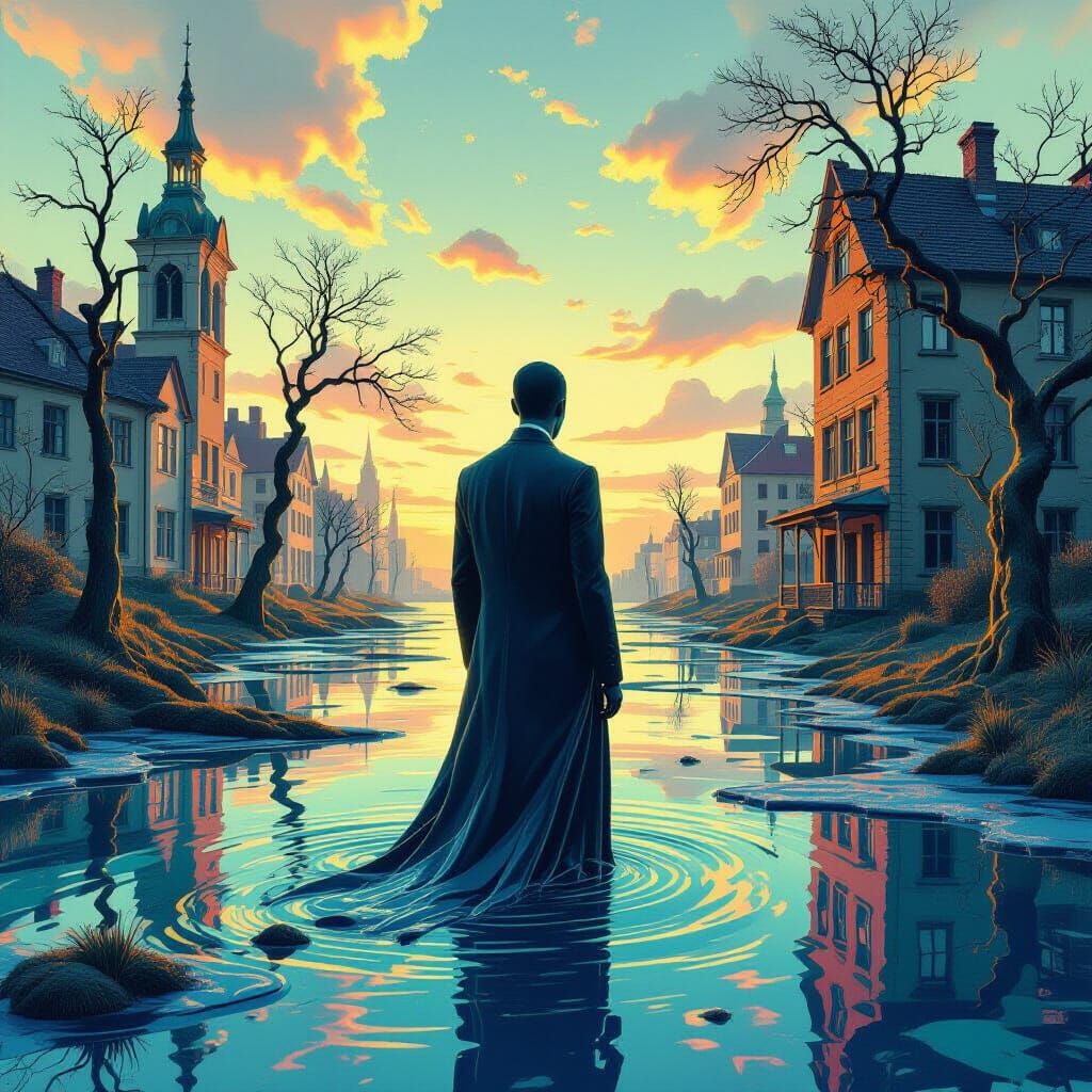 Dreamlike Figure in Distorted Surreal Landscape