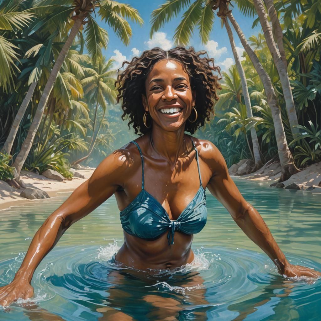 Barbados Beauty Bathing in Cerulean Sea: Acrylic Painting