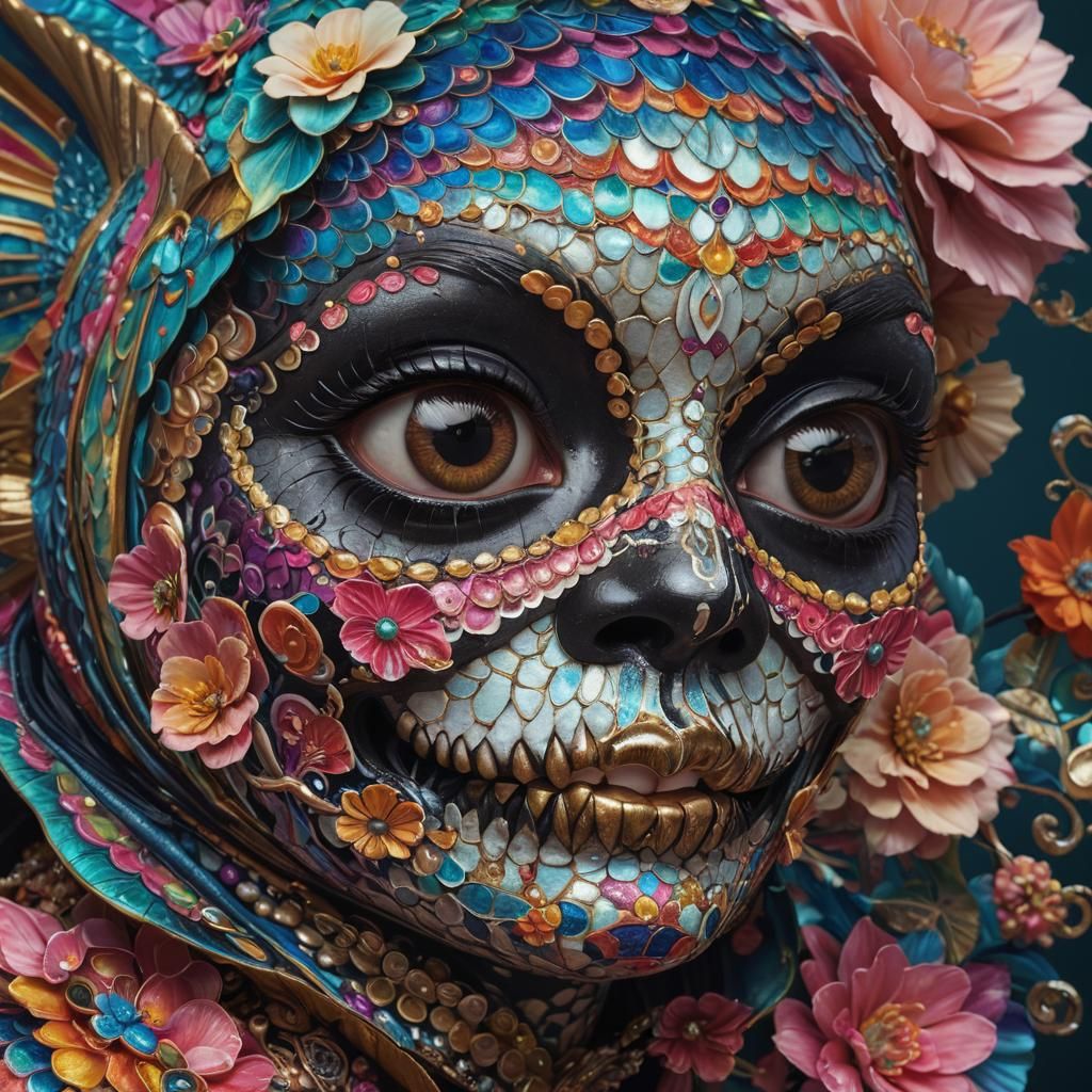 Vibrant Fish with Catrina Face in Digital Art Style