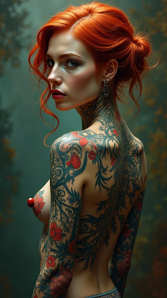 Tattooed Redhead Figure in Dramatic Cinematic Style