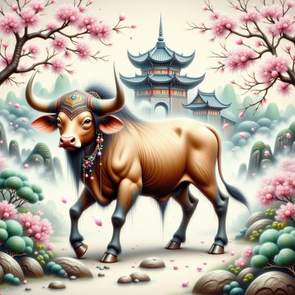 Majestic Yang-Ox in Classic Chinese Watercolor Style