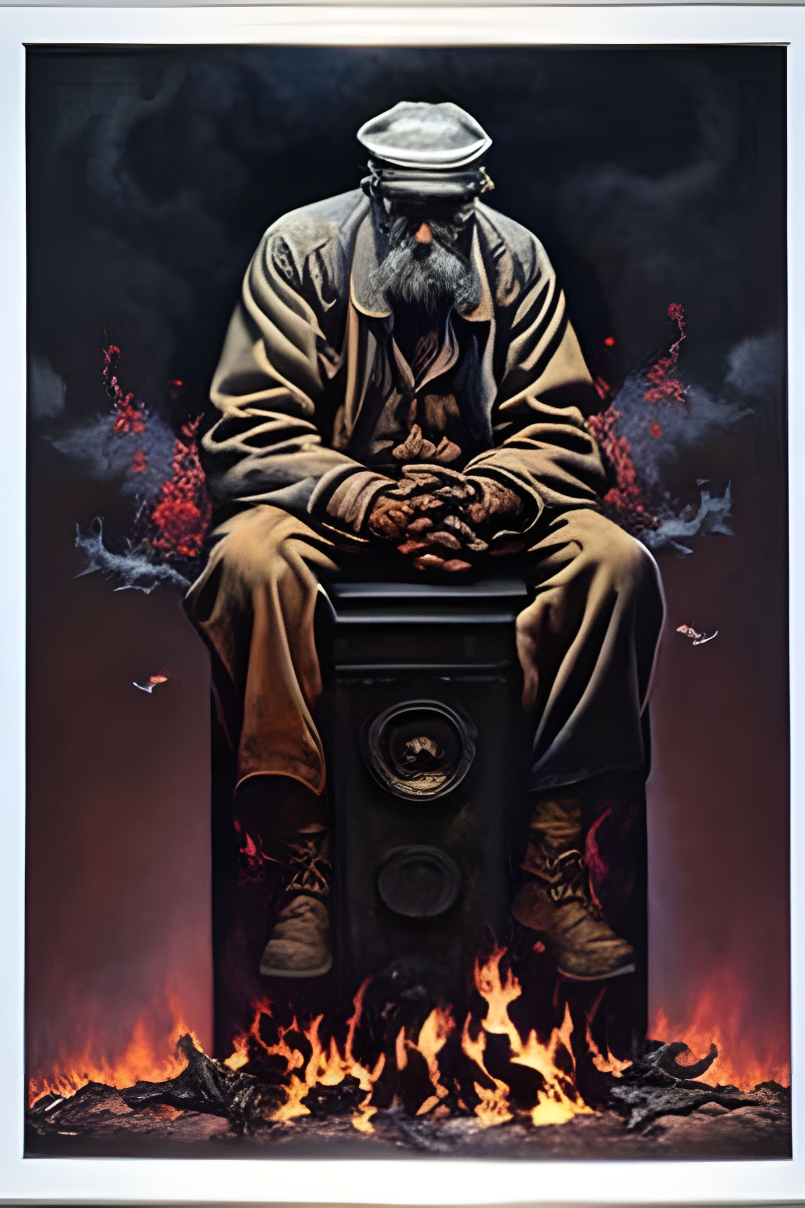 Homeless Man Warming Hands, Rockwell-esque Painting