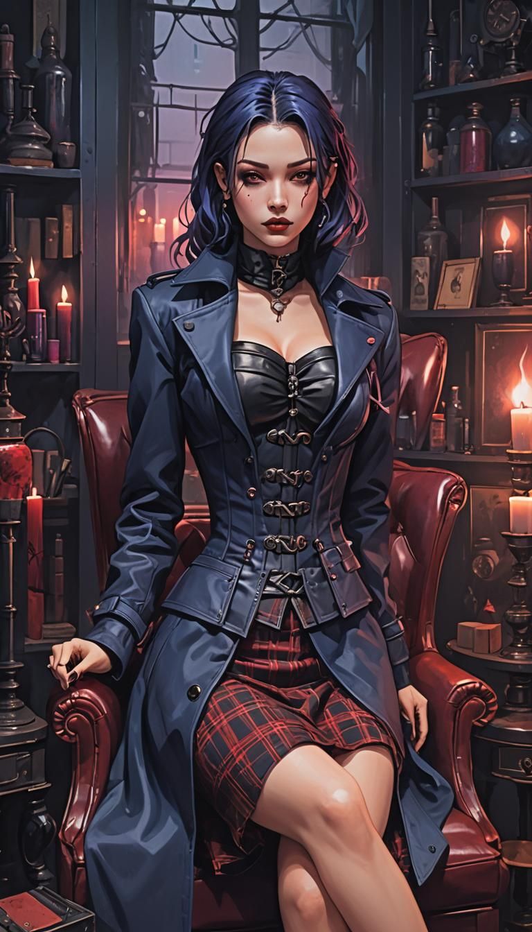 Cyberpunk Girl Relaxing on Leather Sofa