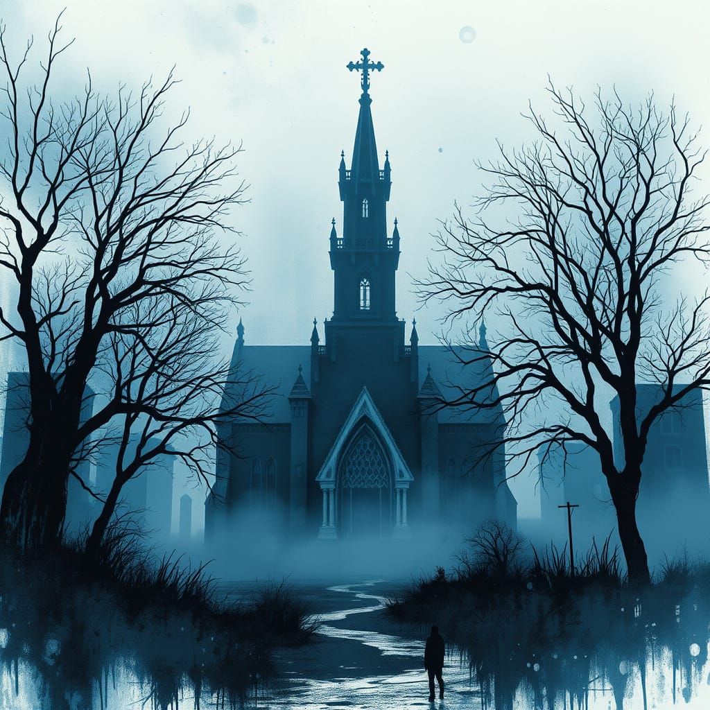 Eerie Church in Mist with Dark Fantasy Elements