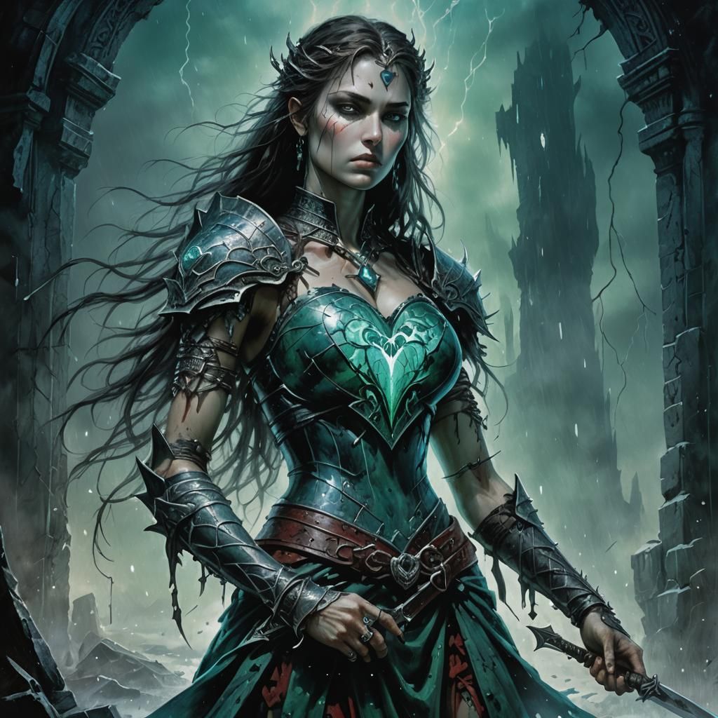 Warrior Woman with Shattered Heart in Gothic Realism