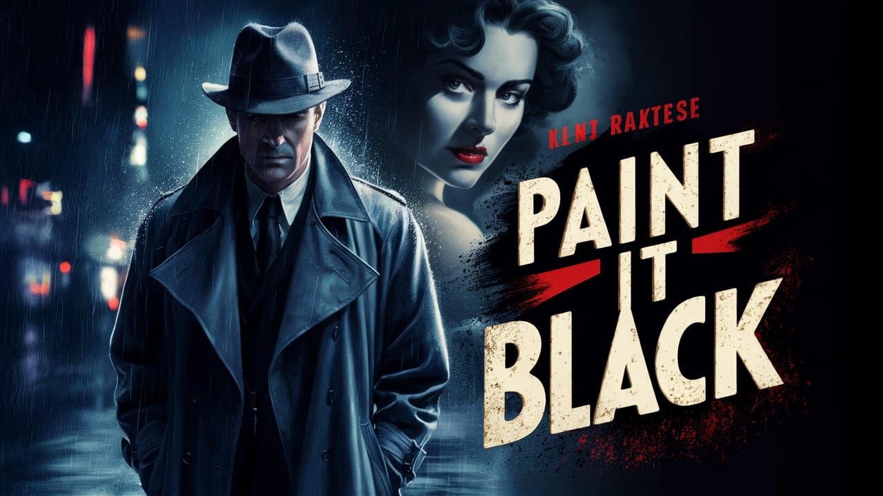 create a Movie poster for a 1940s film noir about a private detective who falls in love with a client, then are of the m...