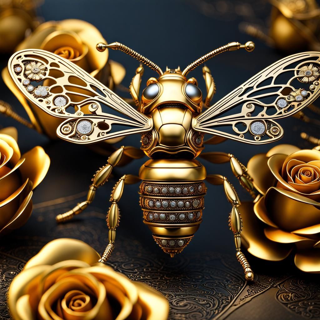 Steampunk Bee Pollinating Golden Rose